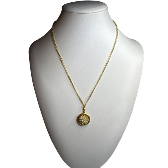 Gold Tone Crystal Round Locket Necklace Chain Vintage Style Photo Holder Pendant - Picture 1 of 8